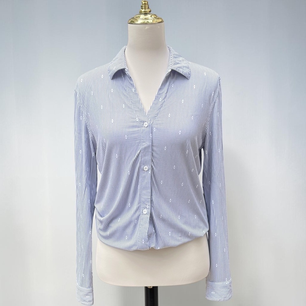Buttercloth Pre-Tucked Fit Shirt M Blue White Striped Icy Bamboo Stretch Comfort